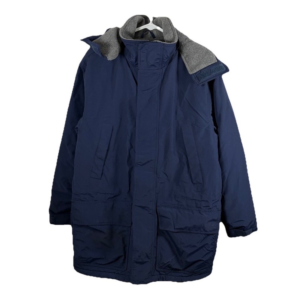 Vintage 90s Lands End Hooded‎ Jacket Parka Men S Navy Blue Polartec Fleece Lined